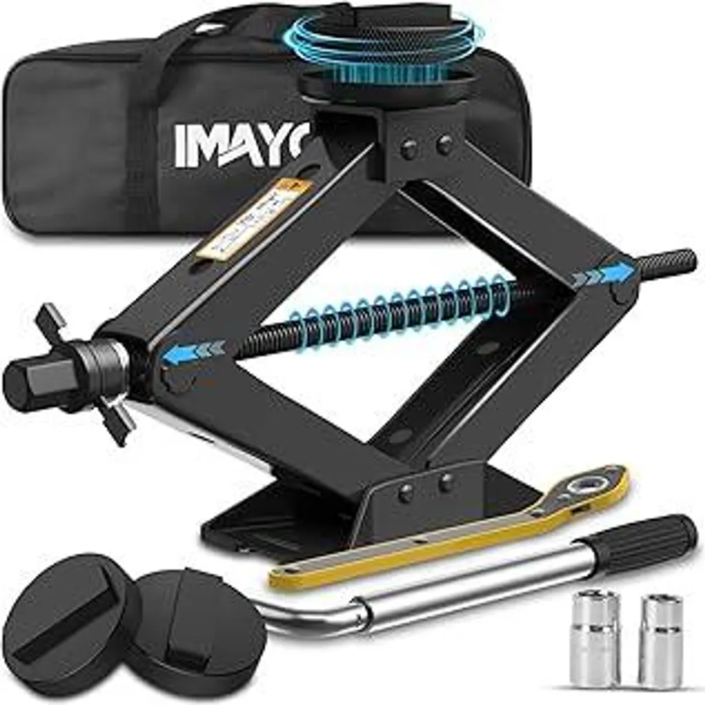 IMAYCC Carrello elevatore 2,5T (2500KG) per BMW, carrello elevatore a forbice con 2 pezzi di supporto in gomma BMW Protegge l'auto, carrello elevatore portatile con chiave per dadi ruota, kit di emergenza auto per la serie BMW. - 1