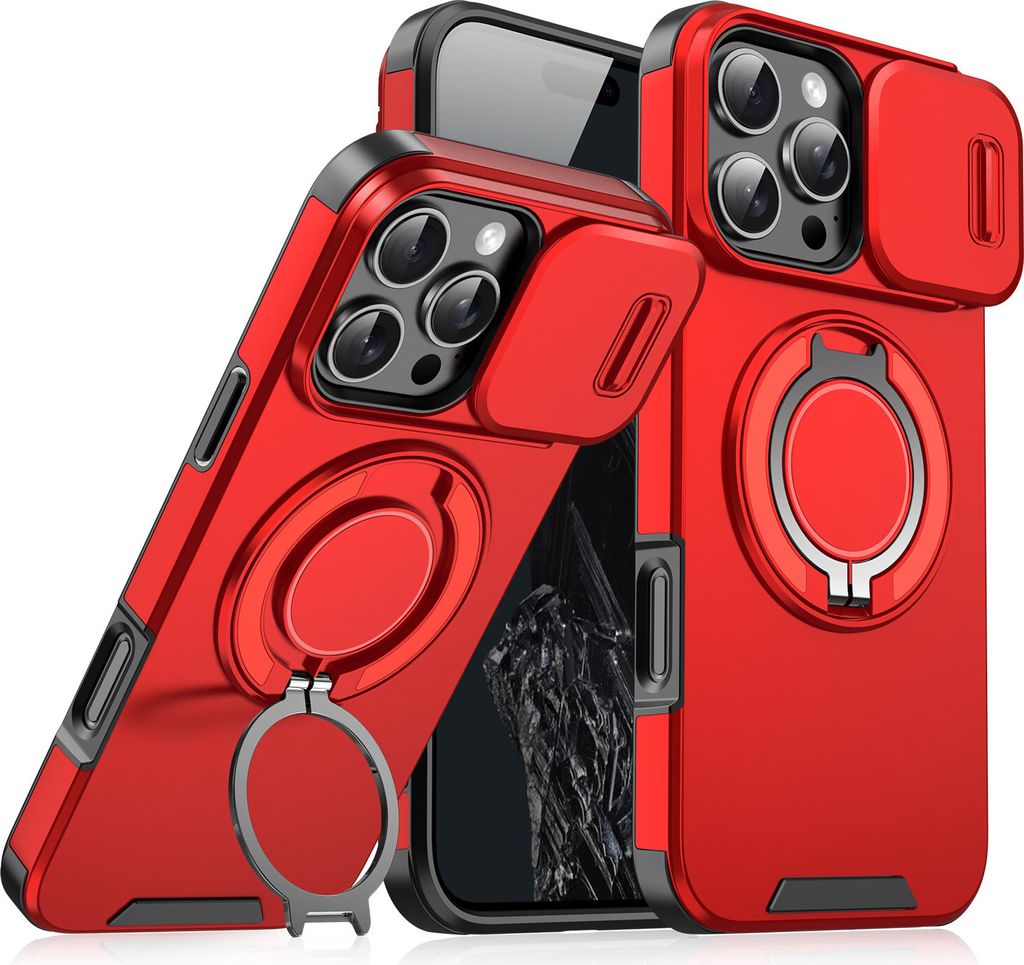Handyhülle für iPhone 16 Pro Max Dual-Layer Stoßfest Militär Hülle mit Dia Kameraschutz und Magnetisch Ring Ständer Rot