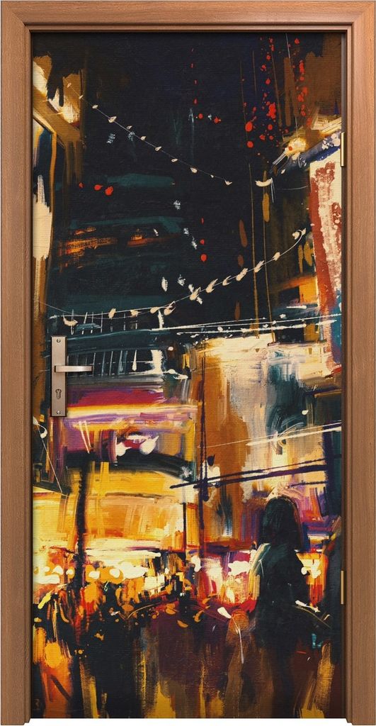 Türposter 90x200 cm Türaufkleber Türtapete Türfolie Klebefolie Bunte Stadt bei Nacht Digitale Malerei