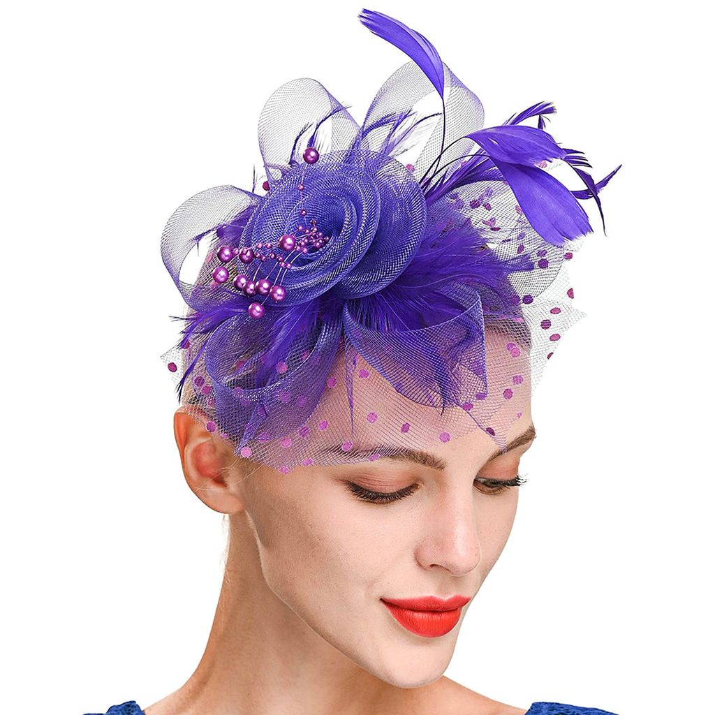 Perlen Dekor Dot Print Metall Clip Fascinator Hut Mesh Blume Feder Dekor Party Kopfbedeckung Haarschmuck-Dunkelviolett
