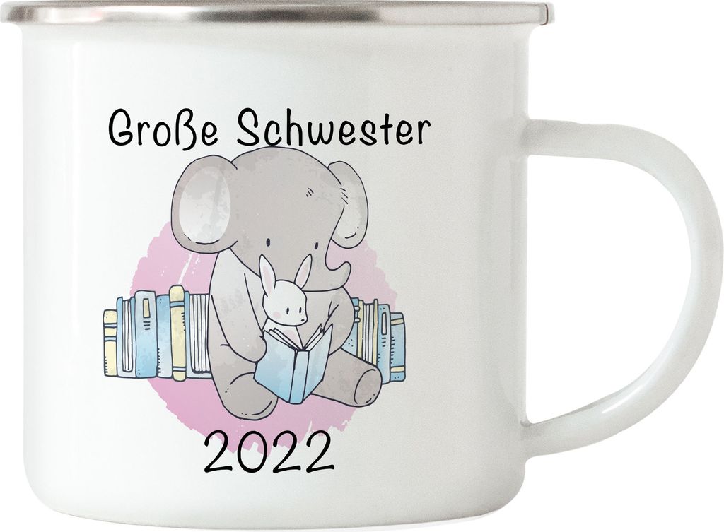 Große Schwester 2022 Emaille Tasse Süßes Motiv Elefant Hase Schwangerschaft Geschenkidee Baby-News