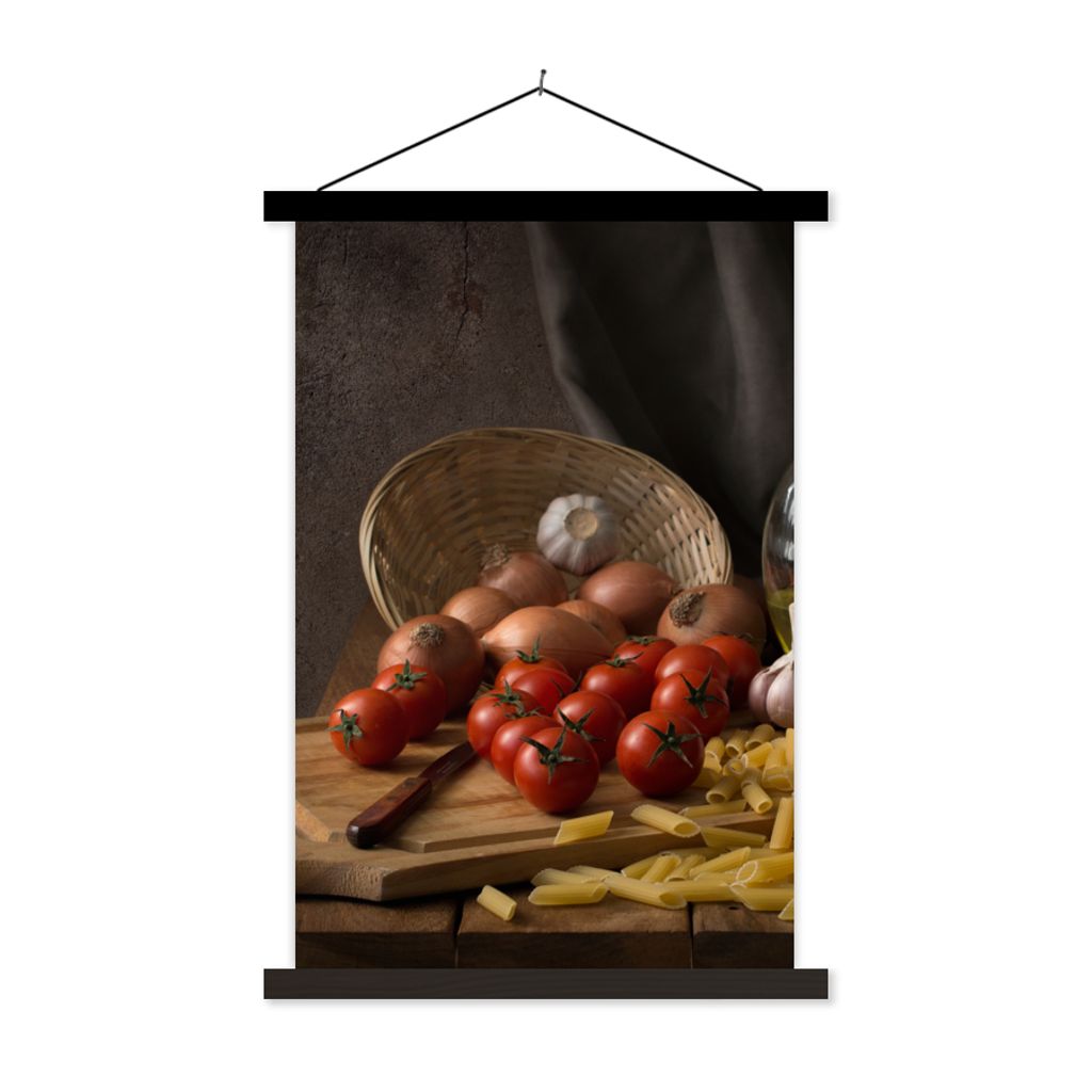 MuchoWow Textilposter Schneidebrett - Gemüse - Stillleben - Pasta - Aus - Tomate - Schneidebrett 40x60 cm mit schwarzem Rahmen - Wanddekorationen