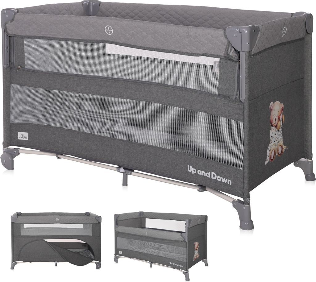 Lorelli 3in1 Babybett, Beistellbett und Laufstall Up and Down, Kinderbett mit 2 Ebenen und faltbarer Seitenwand, Baby Reisebett, grau