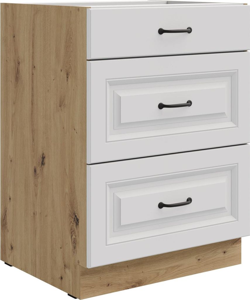 Küchen Unterschrank 60 cm Stilo Weiß + Eiche Artisan Vollauszug Soft-Close Küche