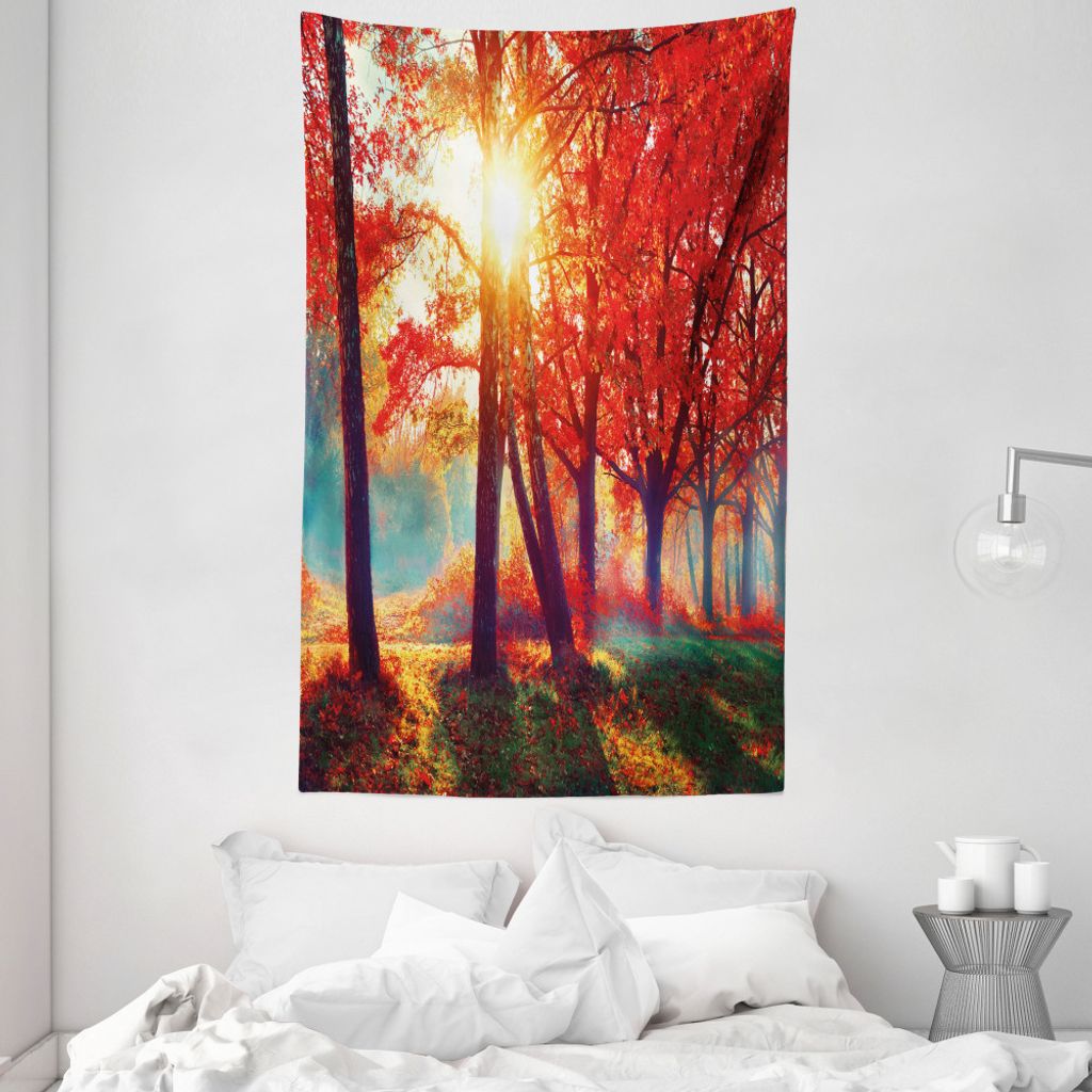 ABAKUHAUS rot Wandteppich und Tagesdecke, Foggy Herbstliche Park Scenic aus Weiches Mikrofaser Stoff Waschbar ohne Verblassen Digitaldruck, 140 x 2...