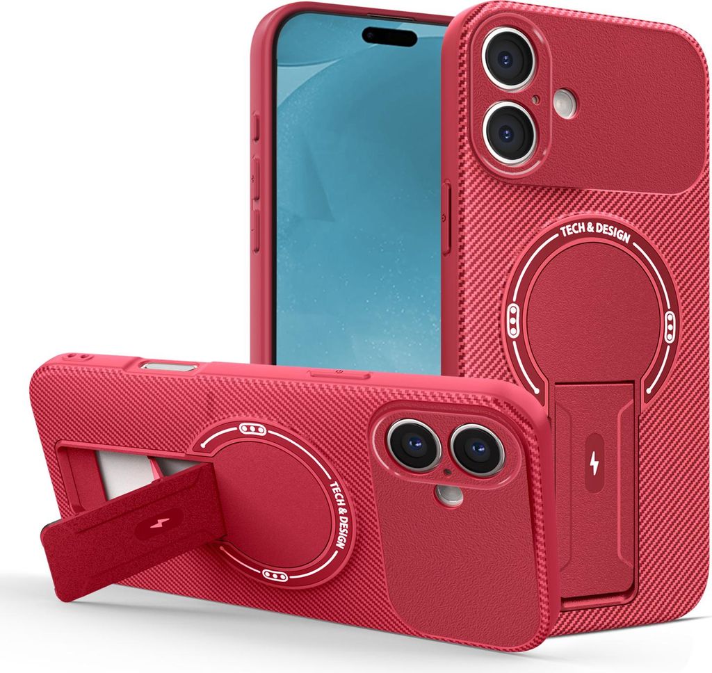 Hülle für iPhone 16 Plus Magnetisch Carbonfaser Design TPU Hybrid Handyhülle mit Ständer Rot