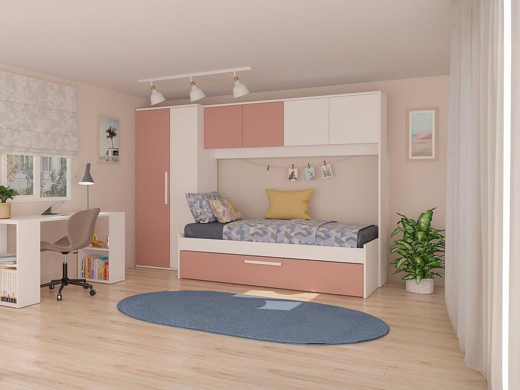 LevBett mit Bettbrücke und Bettkasten -rosa/weiß