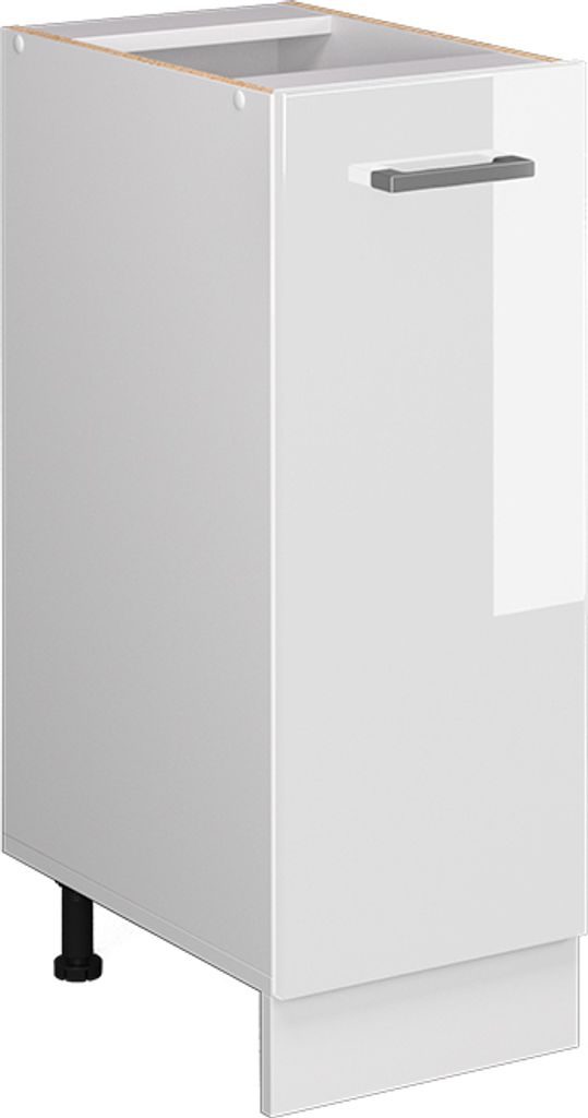 A white, high-gloss kitchen cabinet with a gray handle, shown from a three-quarter angle.