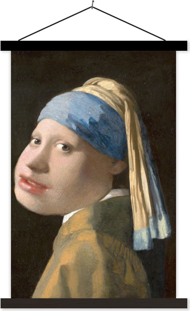 MuchoWow Textilposter Das Mädchen mit dem Perlenohrring - Johannes Vermeer - Karikatur 40x60 cm mit schwarzem Rahmen - Wanddekorationen