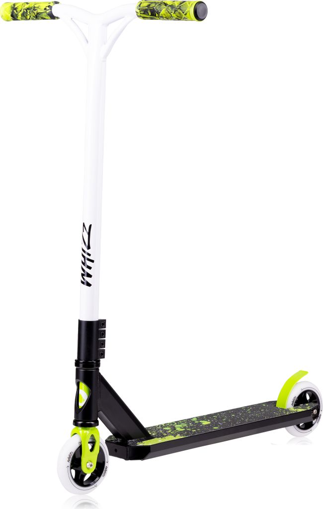 A white and black stunt scooter with green and yellow accents.