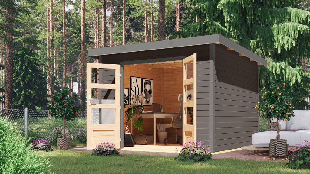 Karibu Gartenhaus Hybridhaus Metall Pluto 6 terragrau 271x271x218,5 cm