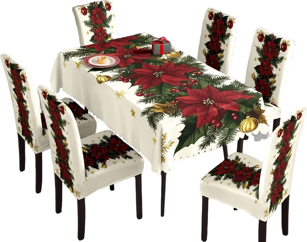 INF Nappe de Noël et 6 Housses de Chaise - Set de Table Festif 7 Pièces