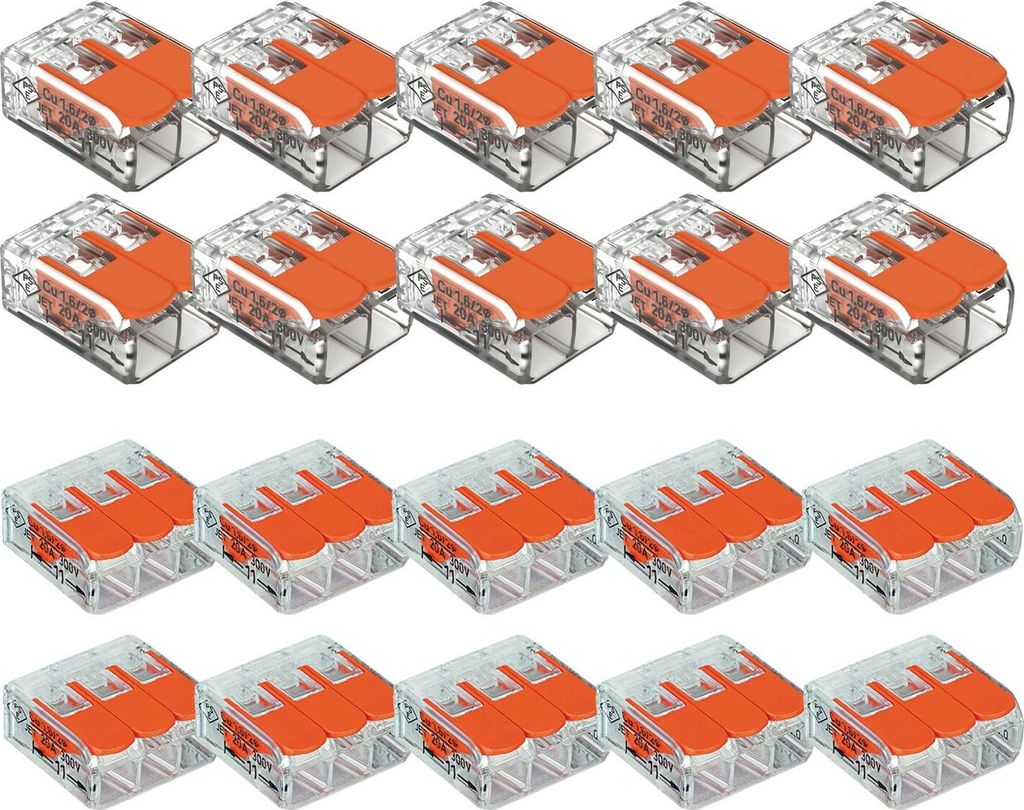 WAGO 221 Verbindungsklemmen 2 polig und 3 polig, 0,14 bis 4mm² Kabelklemmen mit Hebel, 20-teilig