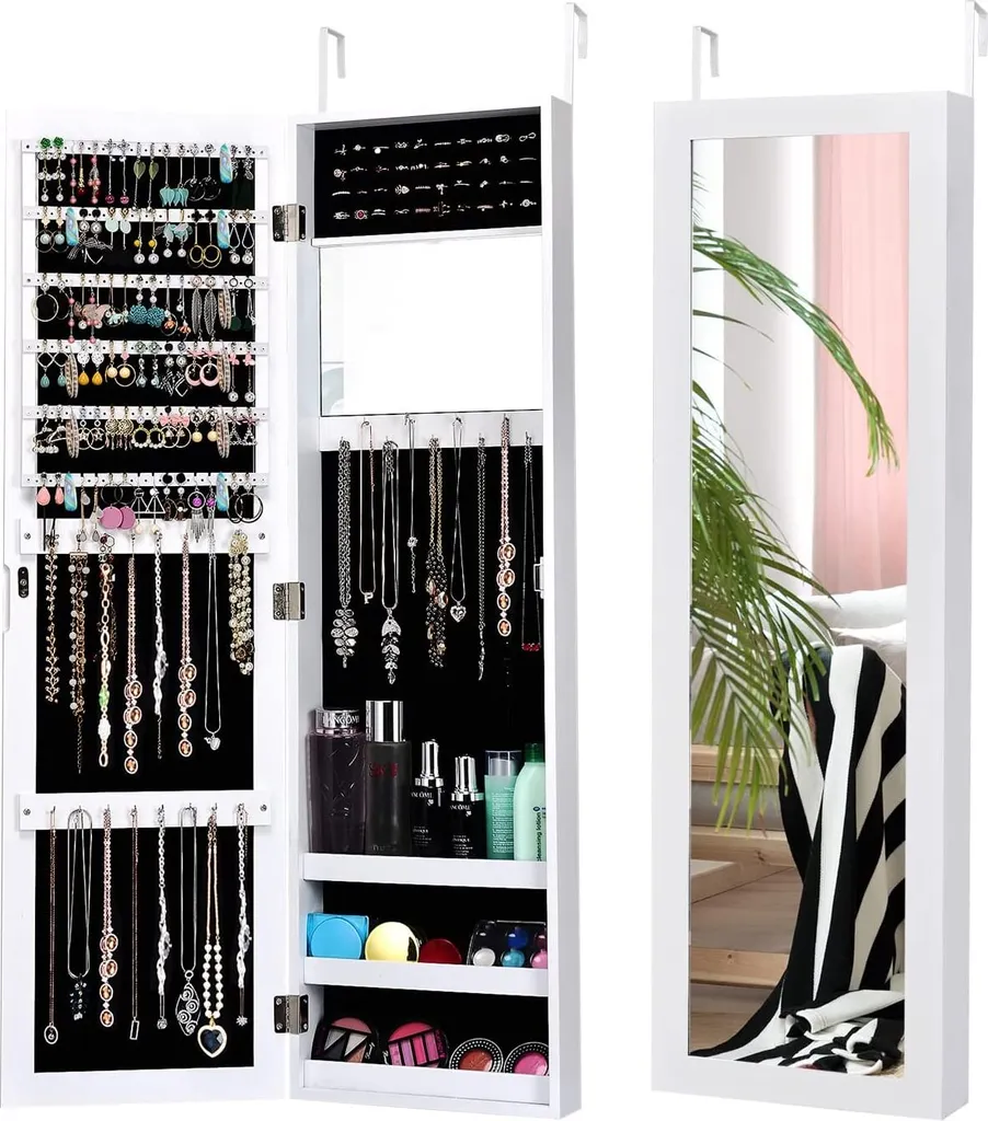 Armoire à Bijoux avec Miroir Psyché Mural ou Suspendu pour Porte Blanc