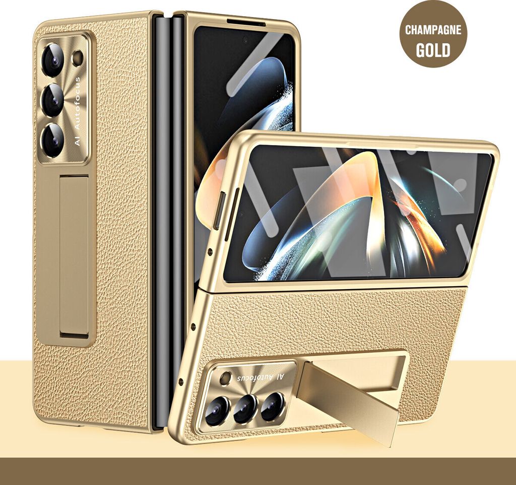 Hülle für Samsung Galaxy Z Fold 6 Litschi Hart PC Stander Schutzhülle mit Displayschutz / Linsenschutz Gold
