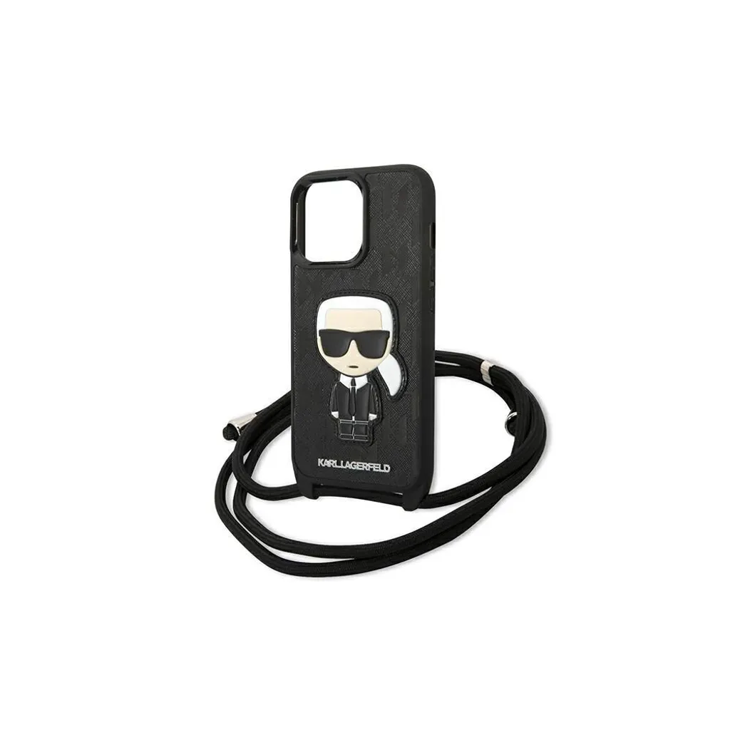 Karl Lagerfeld Cover iPhone 13 Pro Nero Pelle Saffiano con Cordino