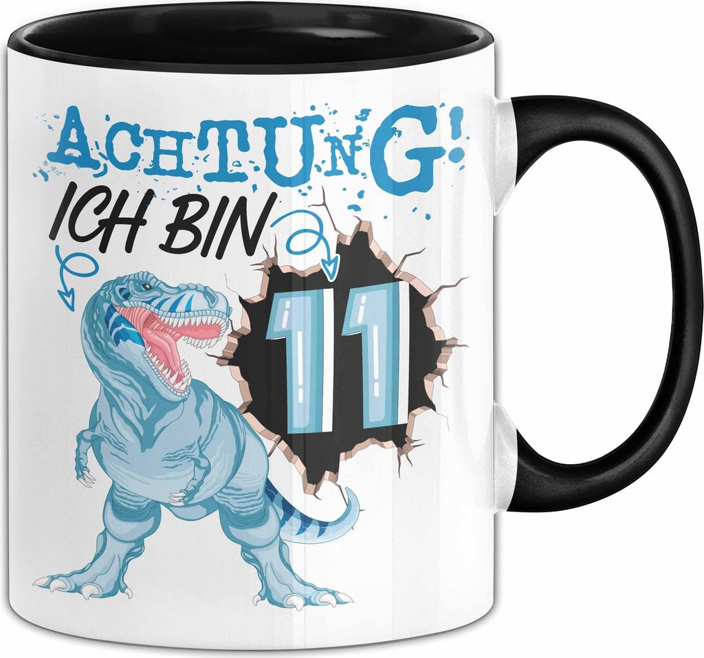 11. Geburtstag Geschenk Tasse Becher Jungs Sohn T-Rex Geburtstagsgeschenk Dinosaurier Achtung Ich bin 11 (Schwarz)