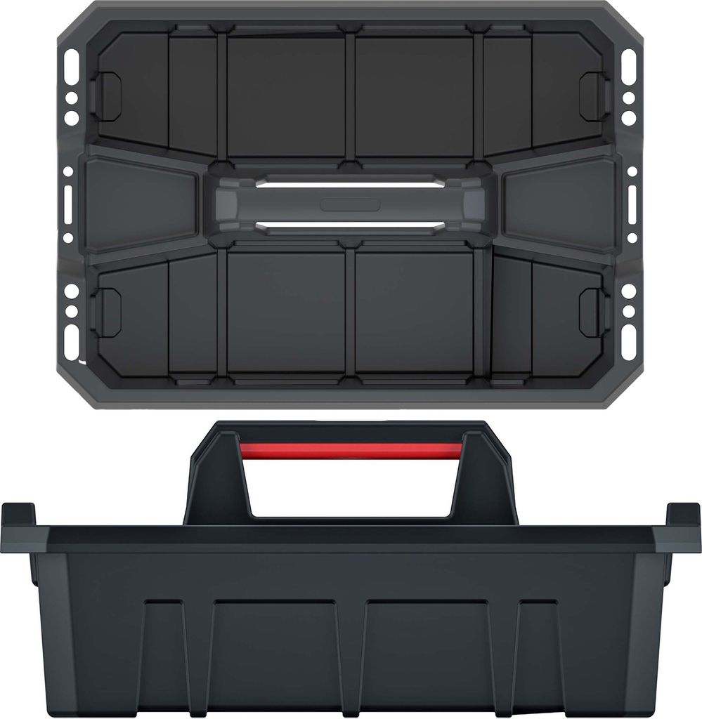 A top-down view of a tool organizer and a side view of a tool carrier.