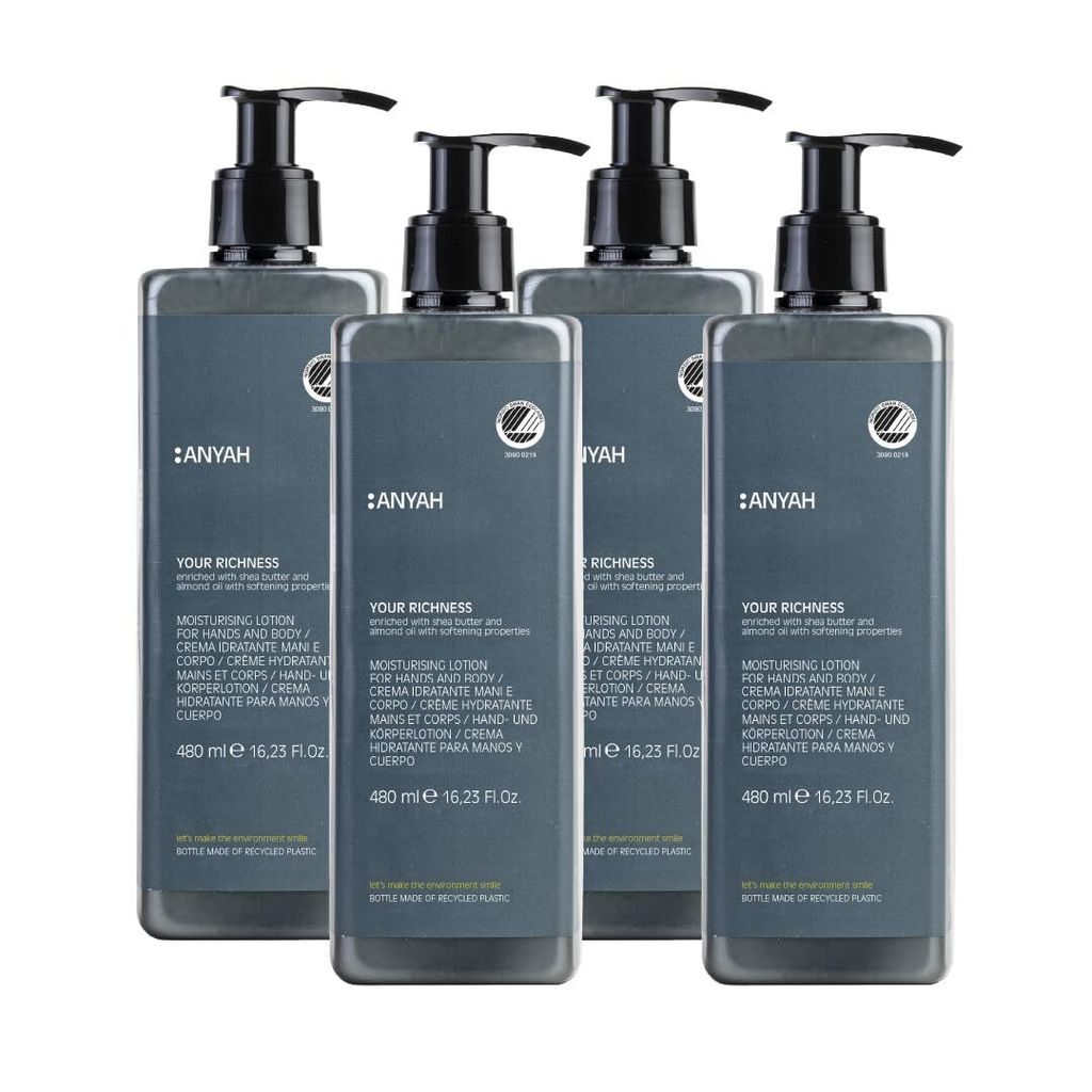 ANYAH Bodylotion 4 × 480 ml – Feuchtigkeitspflege mit Bio Sonnenblumenöl, für trockene Haut, nachhaltig - nicht nachfüllbar