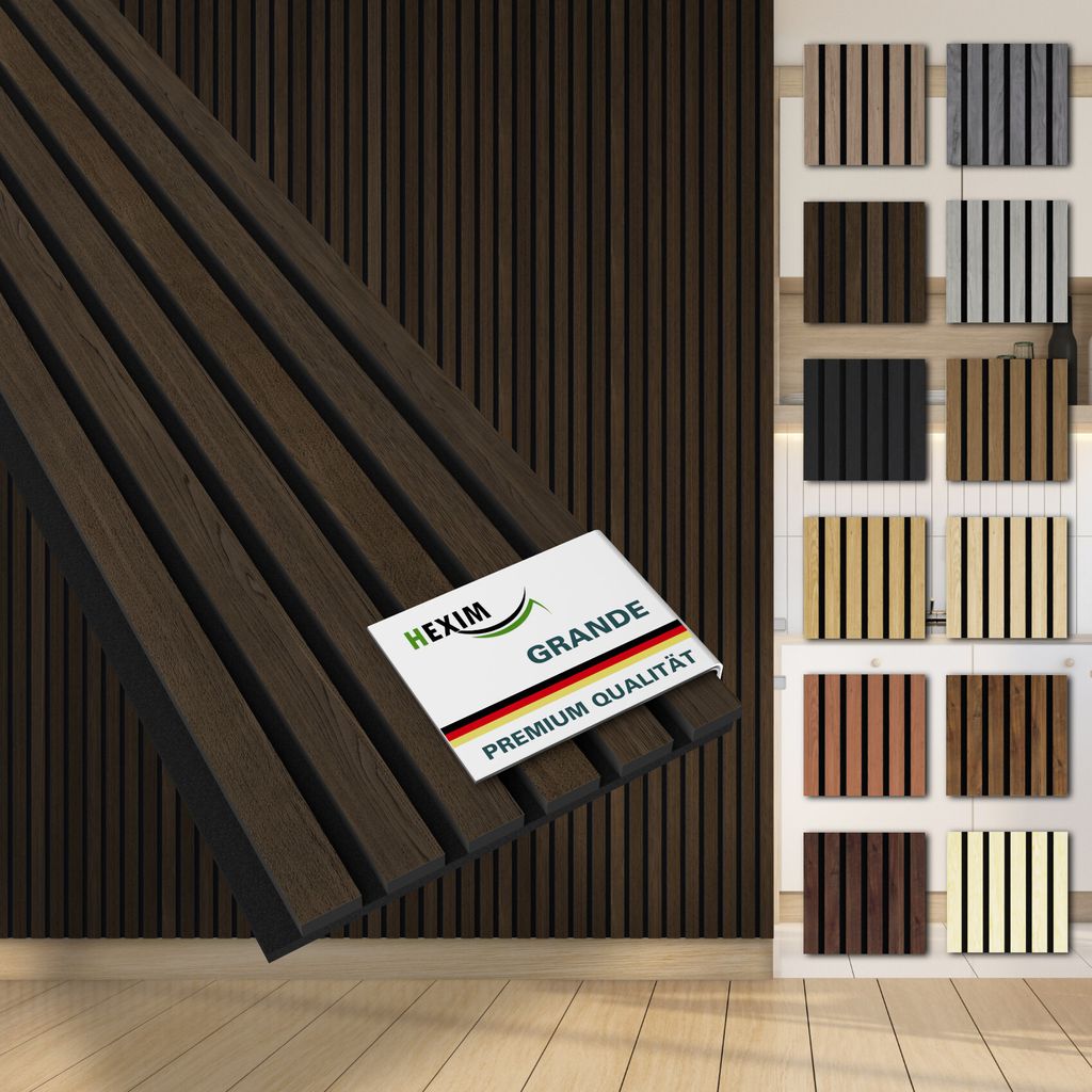 HEXIM Akustikpaneele Musterstück Holz Grande - XXL Wandpaneele Platten Lamellen Holzpaneele Echtholzfurnier 21mm Filz Schalldämmung MDF Braun (Da...
