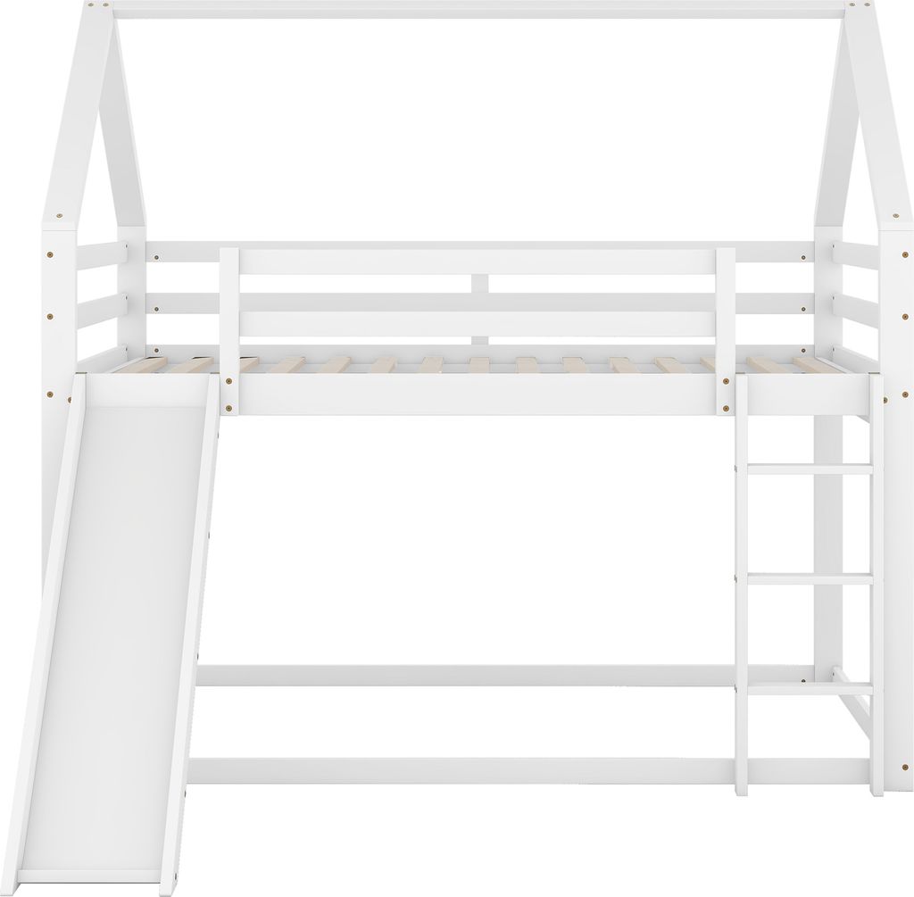 A white wooden house-shaped bunk bed with a slide and ladder, shown against a white background.