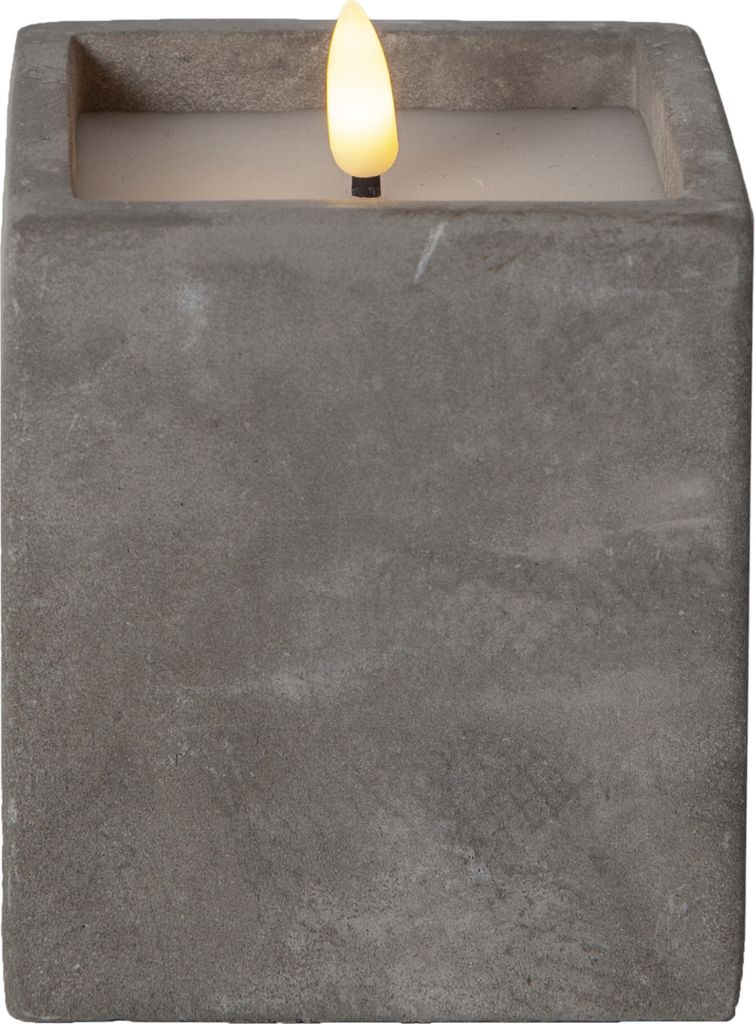 Star Trading LED Kerze grau Beton Echtwachs 8,5x11cm 6/18h Timer 3D Flamme schwere Ausführung