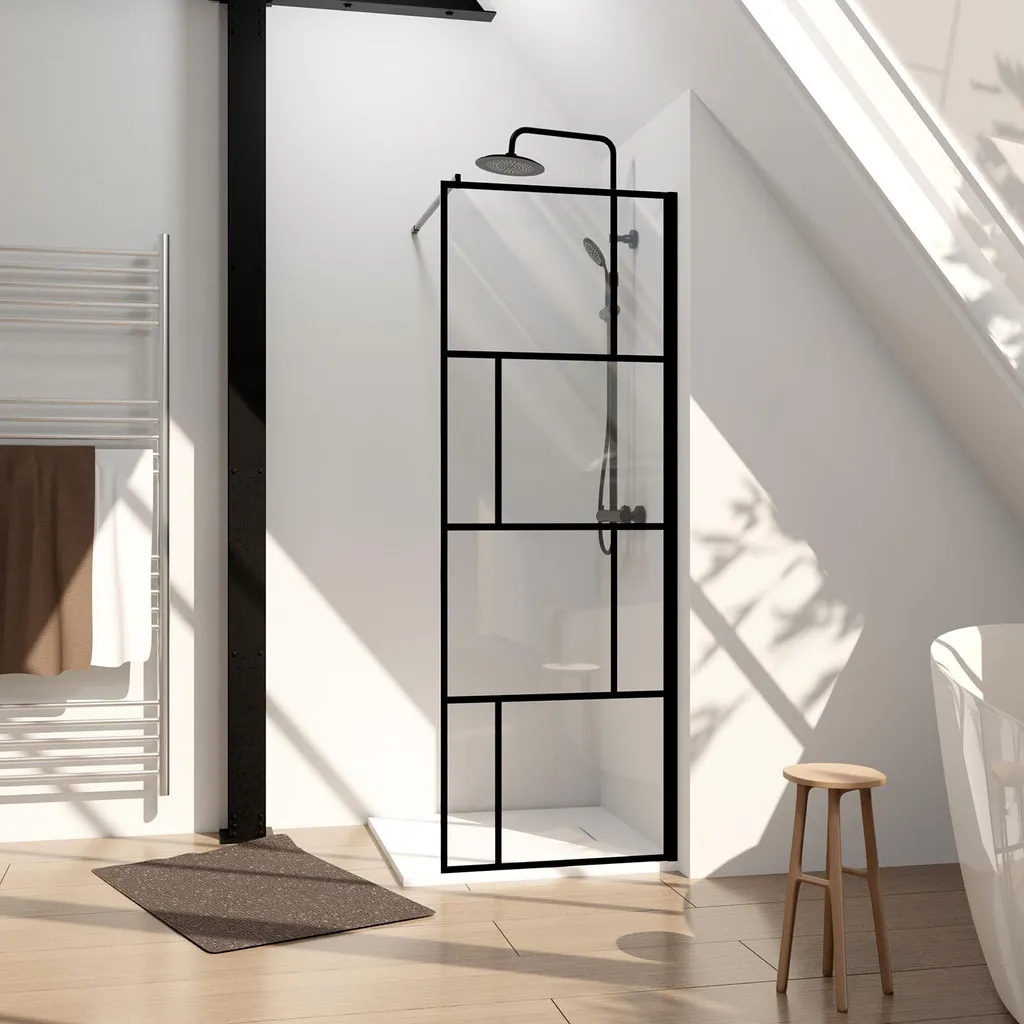 Paroi de Douche Verre Sérigraphié Brique 70 cm avec Profil Noir Mat