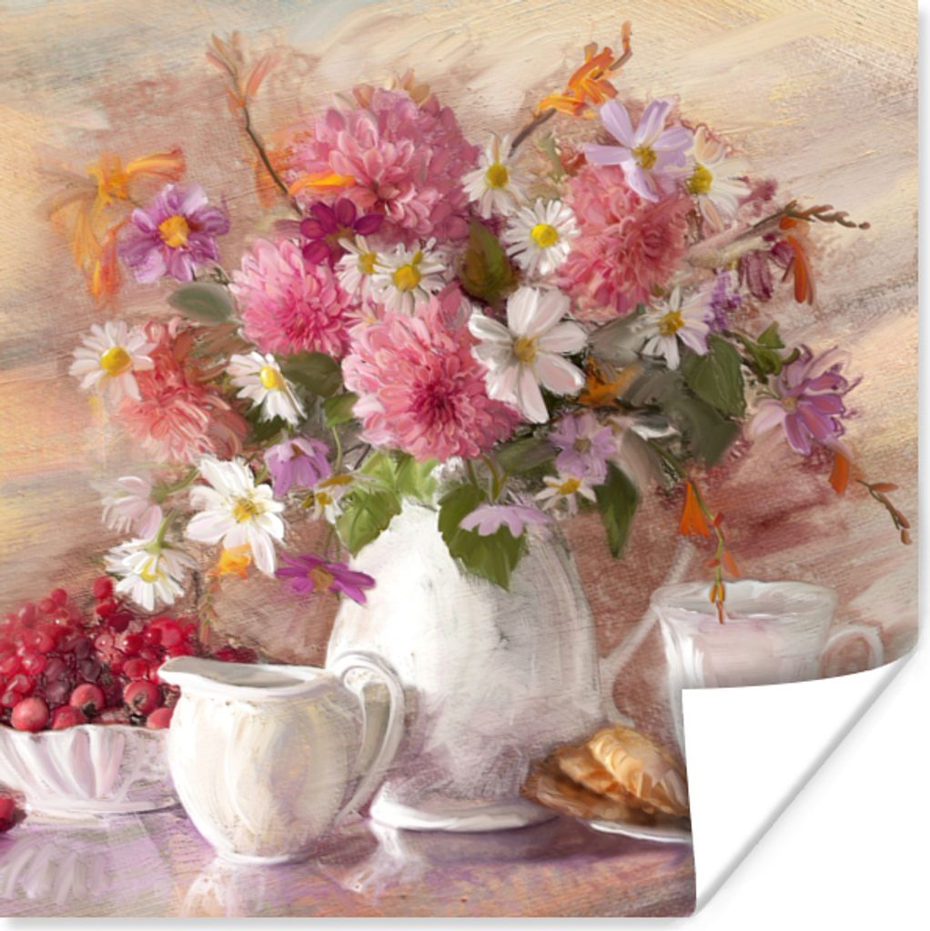 MuchoWow Poster Gemälde - Blumen - Vase - Ölfarbe 50x50 cm - Wohnzimmerdekoration