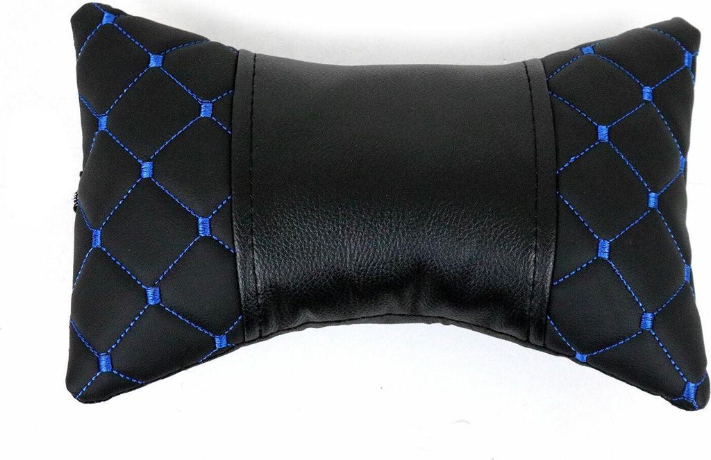 KFZ Auto Kopfstütze Kissen Autositzkissen Nackenkissen Leder Schwarz Blau 8x30cm