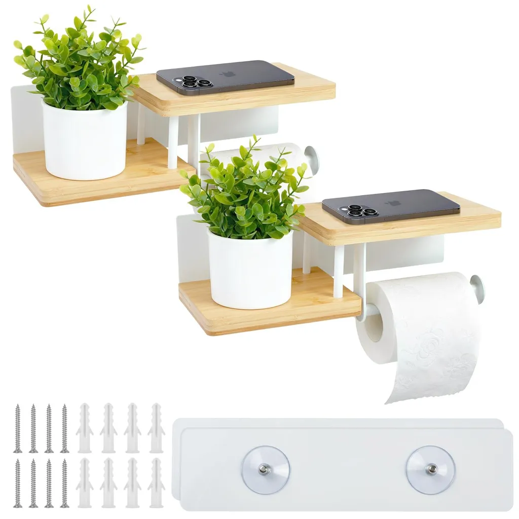Dérouleur papier toilette adhésif en bambou blanc avec tablette 30 cm