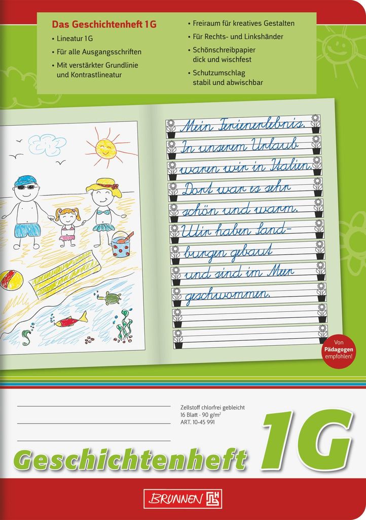 A children's story notebook with a drawing on the left page and handwritten text on the right page.