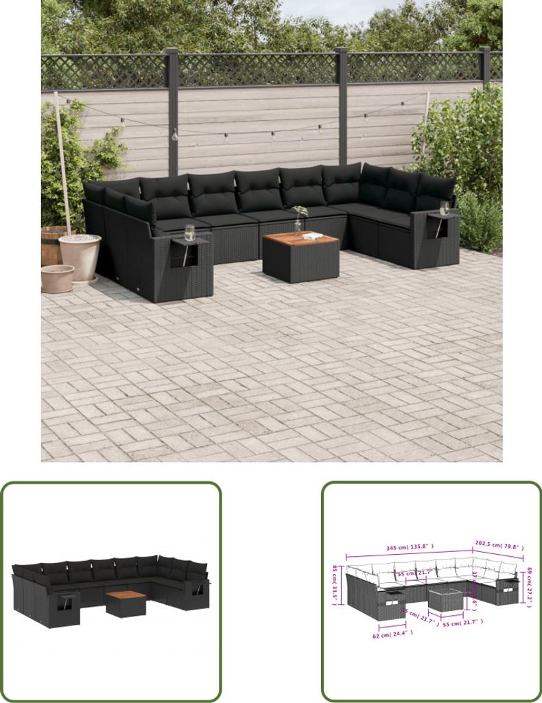 The Living Store 11-tlg. Garten-Sofagarnitur mit Kissen Schwarz Poly Rattan