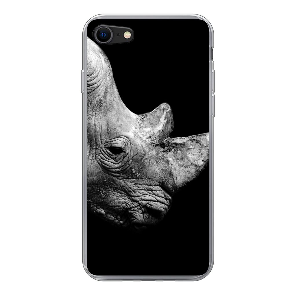 MuchoWow Handyhülle Schutzhülle Hülle für iPhone SE 2020 Portrait Nashorn auf schwarzem Hintergrund Silikon Softcase Handy Hülle - Kartenbes...