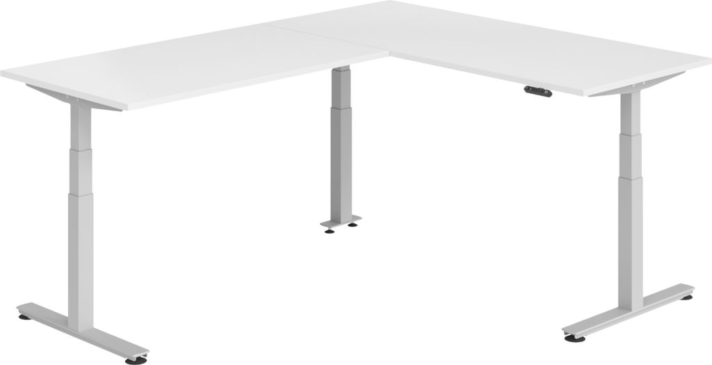 bümö Eckschreibtisch elektrisch höhenverstellbar L-Form - Nachbildung: Weiß, Gestell: Silber, Größe: Eckschreibtisch 180 x 240 cm
