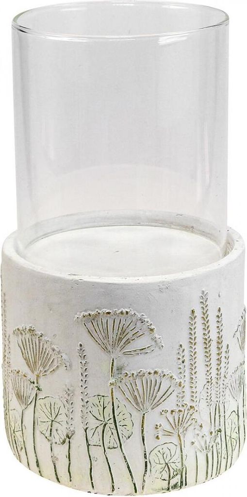 Glas Windlicht mit floralem Betonsockel - Kerzenständer Ø17cm H32cm für Tischdeko & Atmosphäre