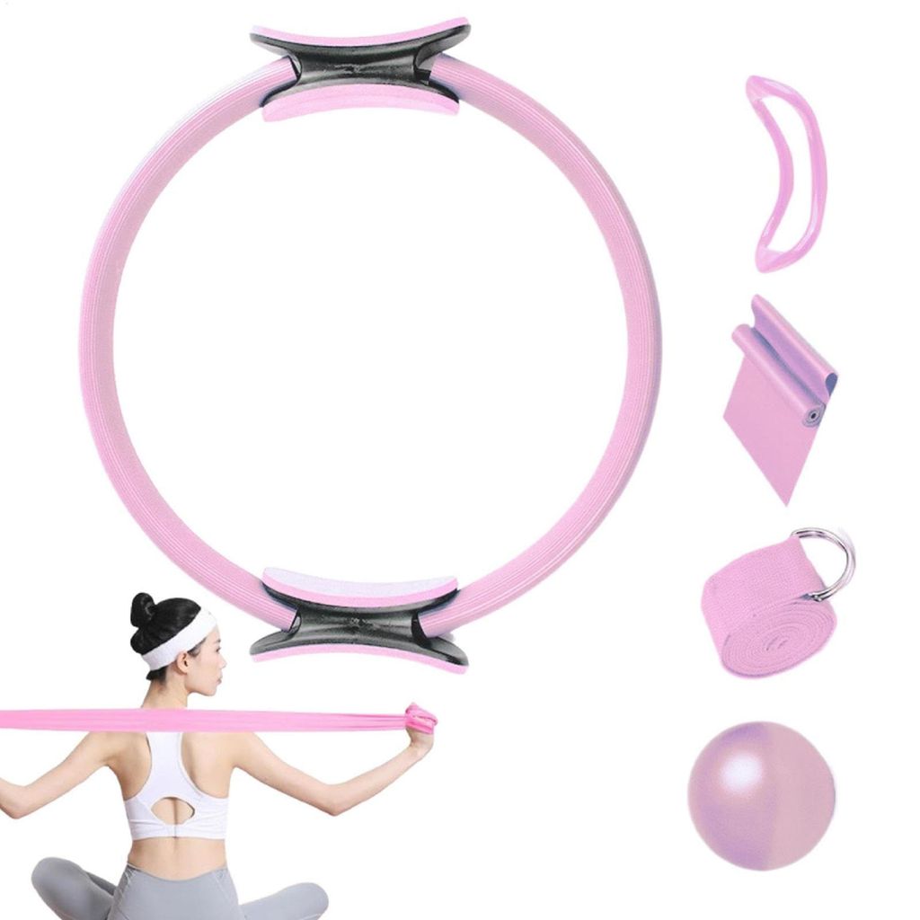 Fitnesskleingeräte, 5 Teilige Pilates Ring Kit, Pilates Set für Zuhause, Pilates Ring Set für Frauen, Pilates-Essentials-Set, 25 cm Yogaball, Rosa