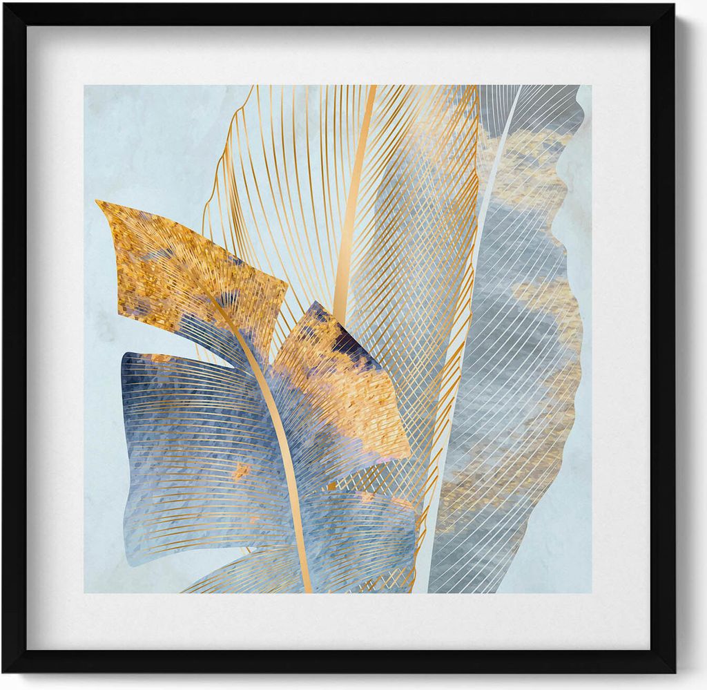 Glamour-Bananenblätter mit Gold– Wandbild mit Rahmen – Gerahmtes Bild – Wanddekoration – 50x50 cm – Schwarz Rahmen