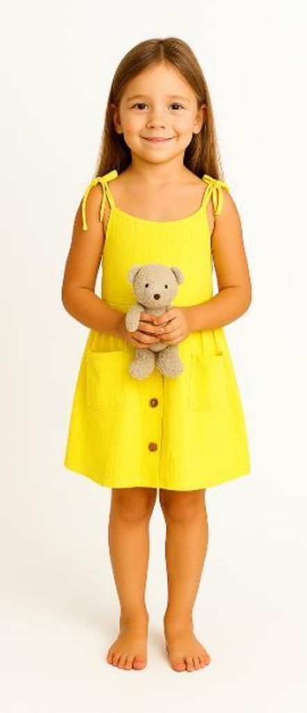 Sommerkleid für Mädchen – 100 % Baumwolle, Größe 116, Alter 6 Jahre, Gelb, mit Trägern