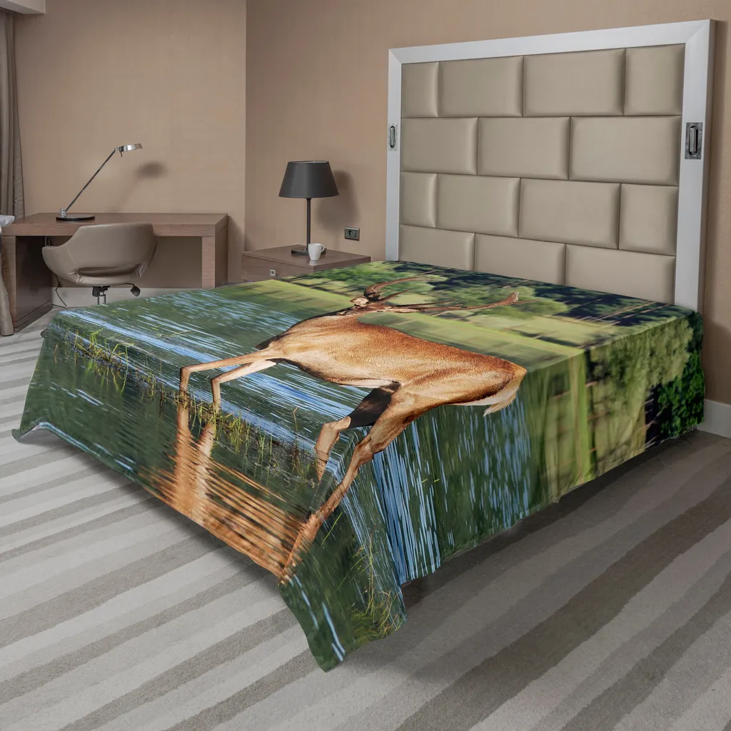 ABAKUHAUS Drap de Lit Cerf des Montagnes en Forêt Vert Brun 260x228 cm