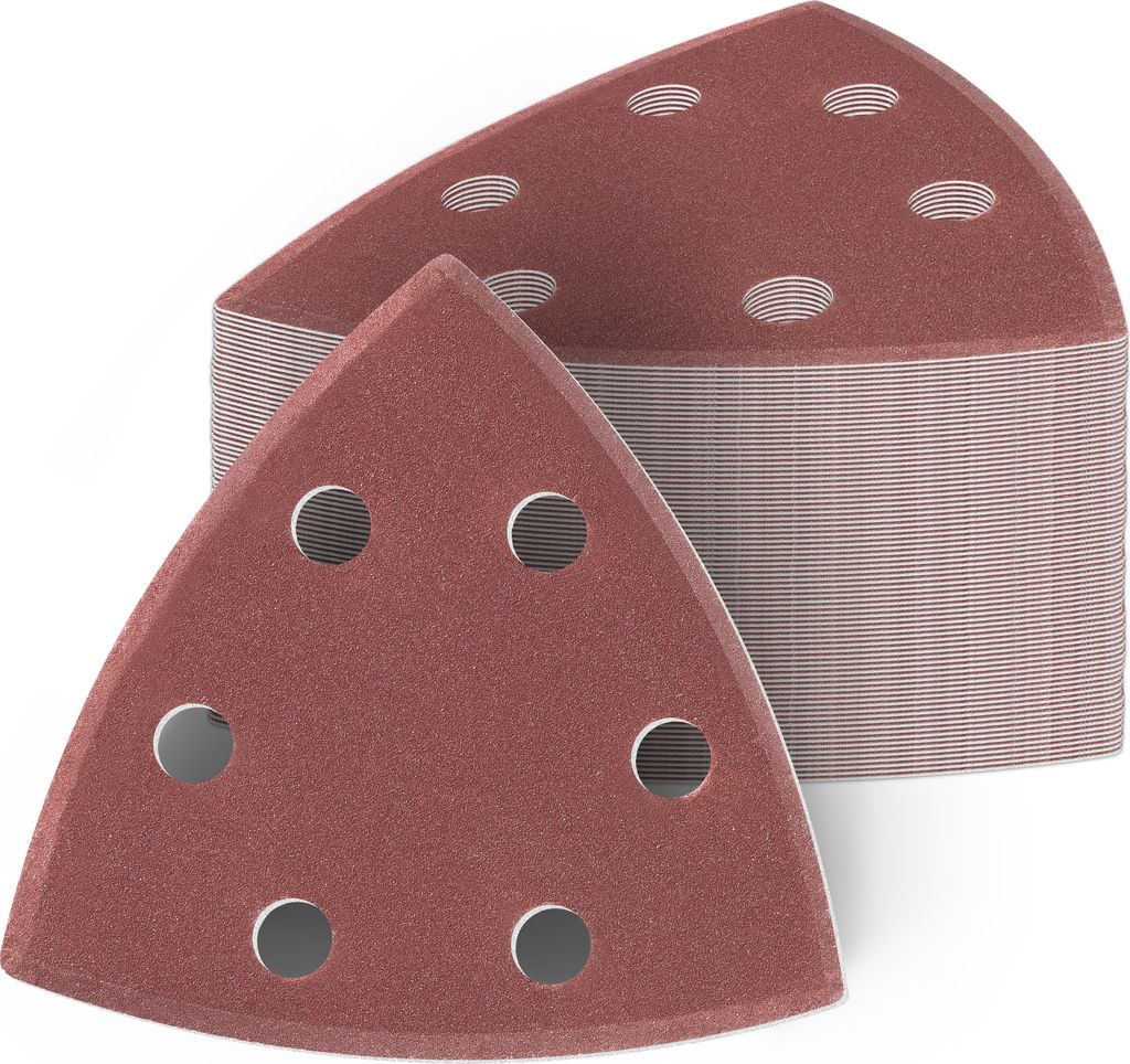 50 Stück Delta Schleifdreiecke 93x93x93 mm Deltaschleifer P240 Körnung , 6 Loch, red Film , Haft Klett Schleifpapier