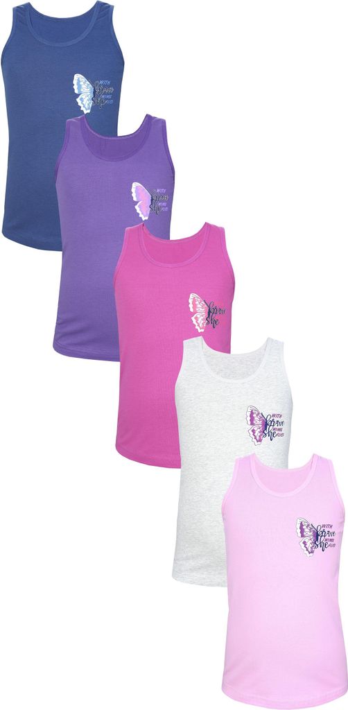 TupTam Unterhemden Mädchen Baumwoll Unterhemd 5er Pack Tank Top Ärmellos Kinder, Farbe: Schmetterling Rosa Lila Grau Dunkelblau, Größe: 158-164