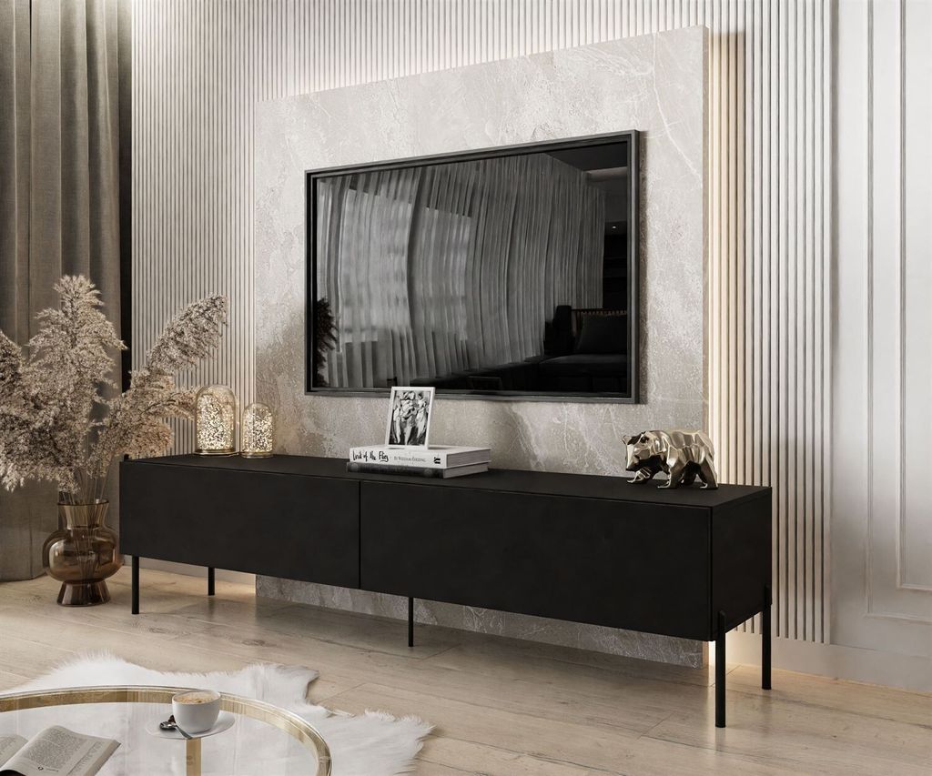 RTV Schrank COLETTE II 175 cm Schwarz / Schwarz matt mit LED-Beleuchtung, Beine-Schwarz