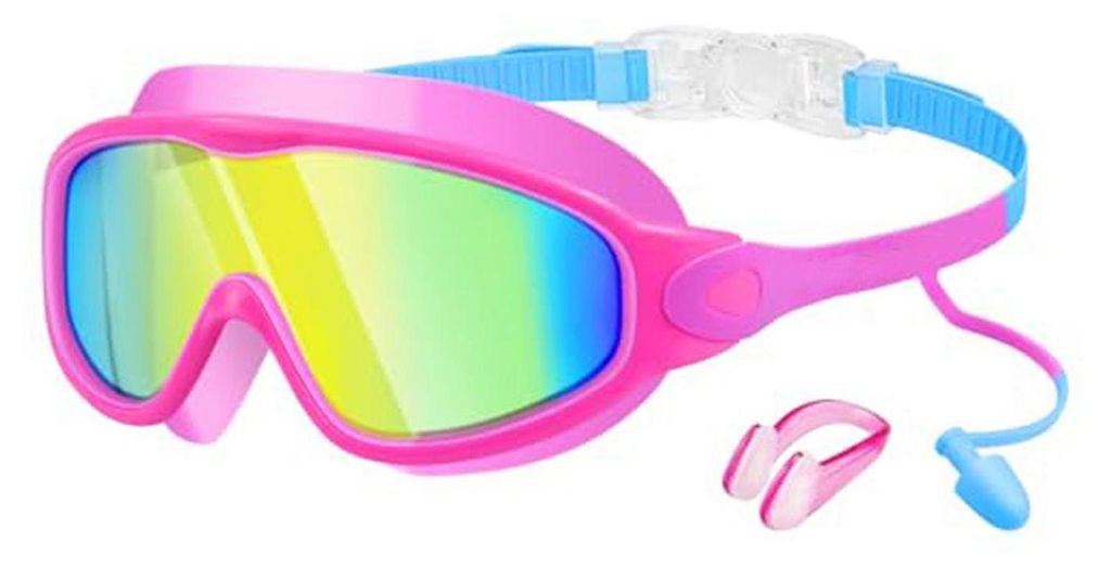 Schwimmbrille für Kinder mit Nasenclip und Ohrstöpseln, beschlagfrei, UV-Schutz, bruchsichere Gläser, für Jungen und Mädchen, Größe M