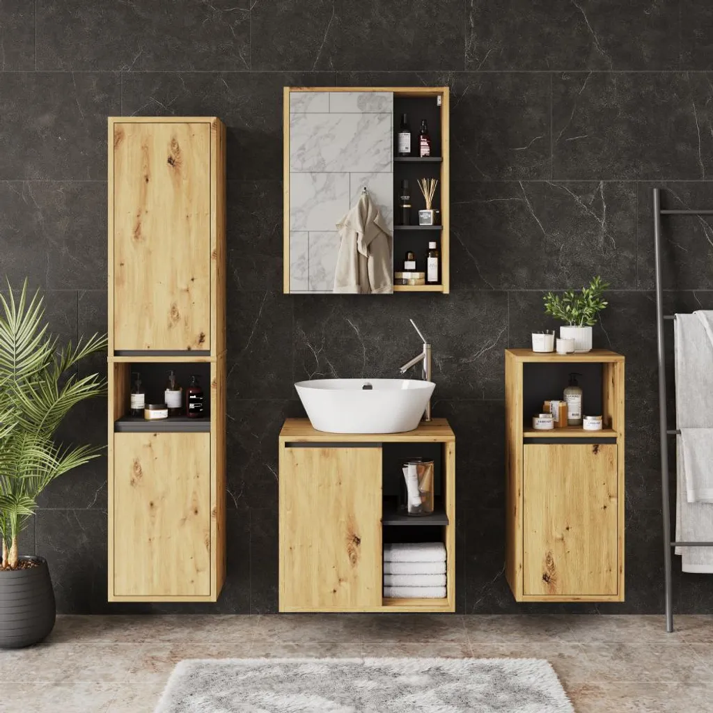 Meuble sous lavabo Viola avec étagères ouvertes bois Artisan et gris - 7