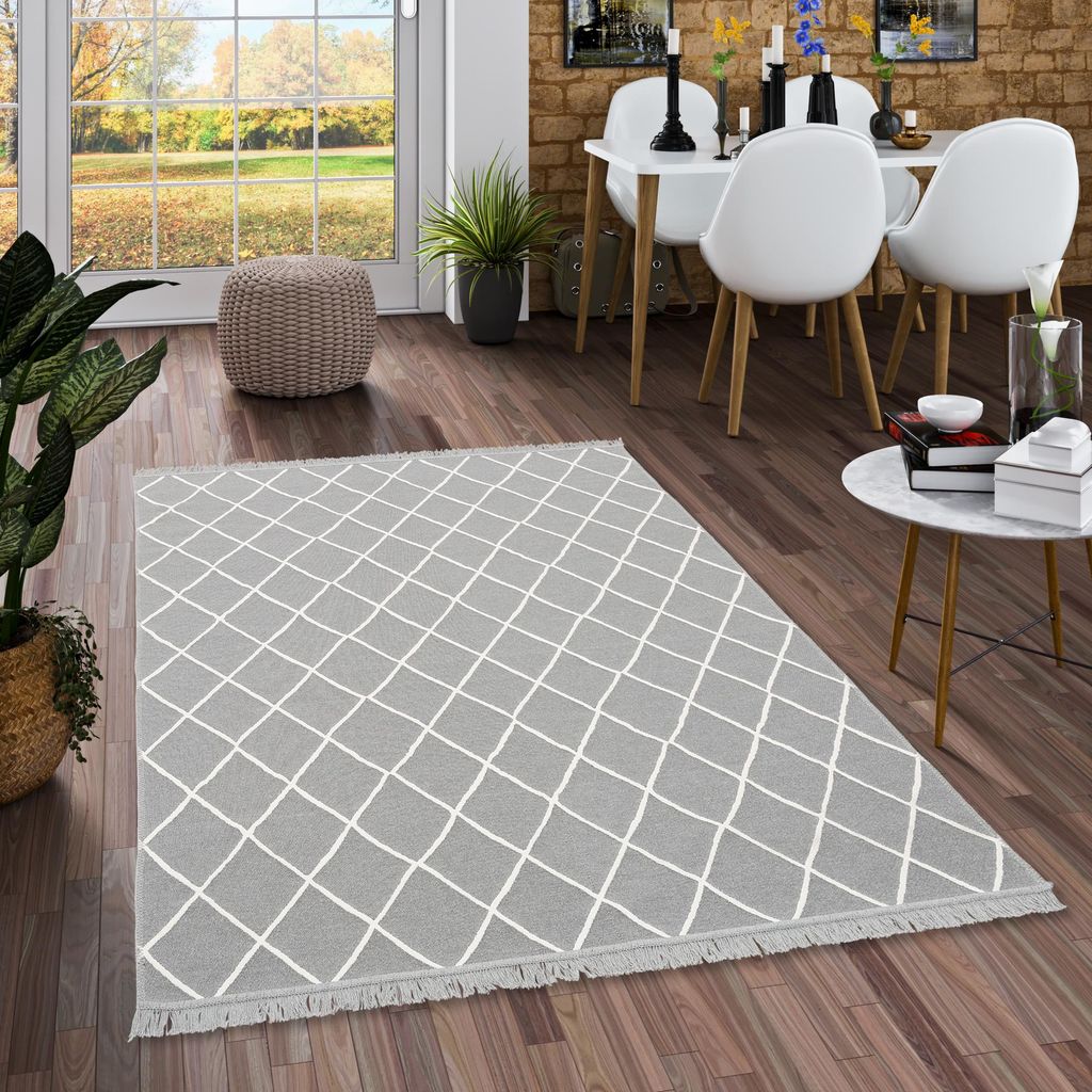 Designer Teppich Beidseitig Ethno Kelim Grau Weiss Rauten, Produktbild 