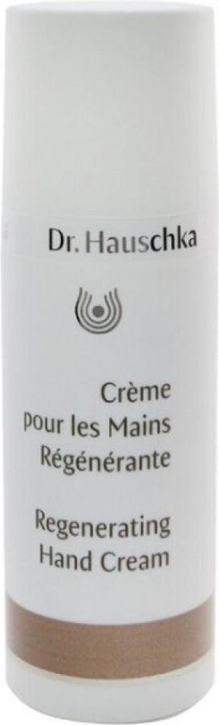 A product shot of a white tube of Dr. Hauschka Regenerating Hand Cream with a brown band near the bottom.