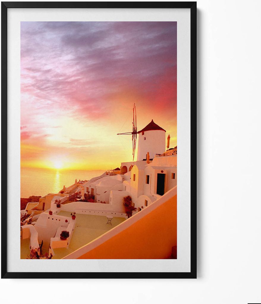 Santorin mit einer alten Windmühle– Wandbild mit Rahmen – Gerahmtes Bild – Wanddekoration – 70x100 cm – Schwarz Rahmen