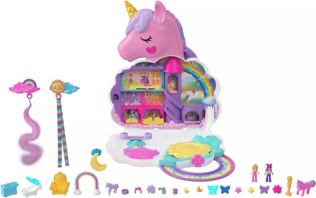 A Polly Pocket unicorn-themed playset with accessories laid out around it.