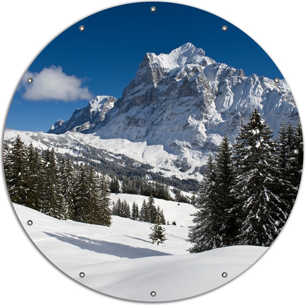 Wallario rundes Outdoor-Poster für Garten oder Balkon, Motiv Verschneiter Berghang unter blauem Himmel, 120 cm Durchmesser