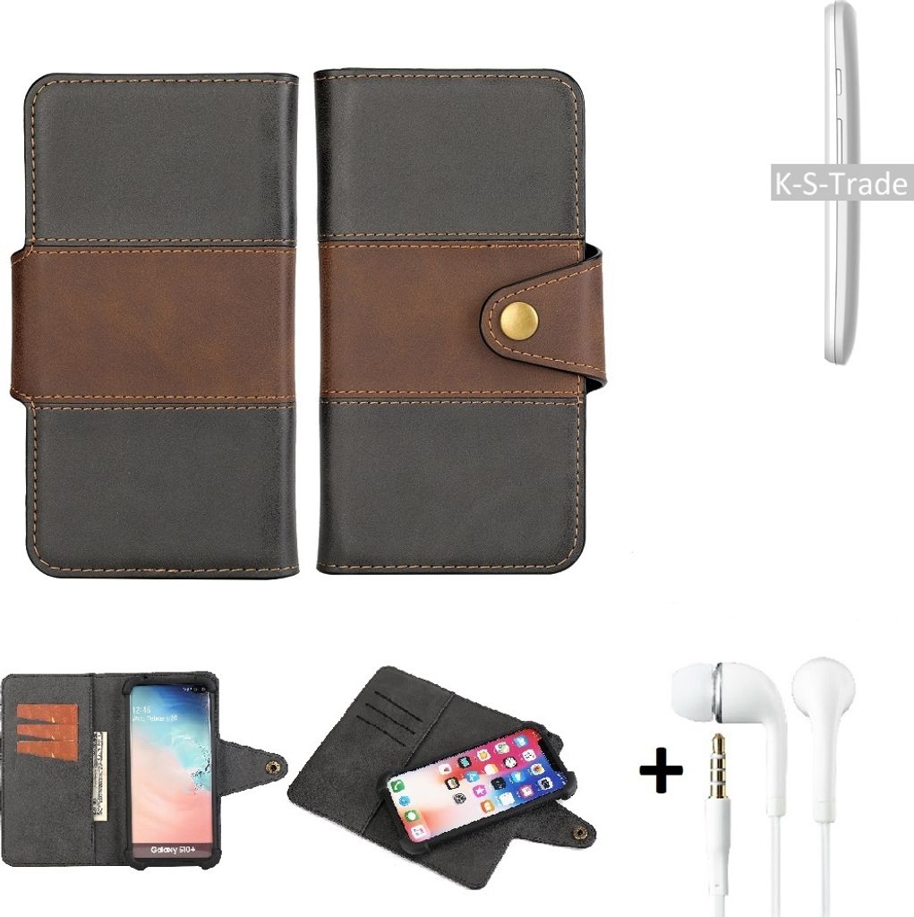 K-S-Trade Handyhülle Schutzhülle Bookstyle Wallet-Case kompatibel mit Motorola Moto E + earphones Bumper rundumschutz schwarz-braun 1x